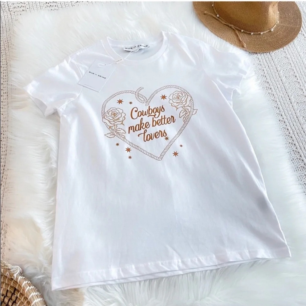 Rue De Seine Cowboys Make Better Lovers Tee White Brown Bridal Crewneck Nwt S — image 7 of 8